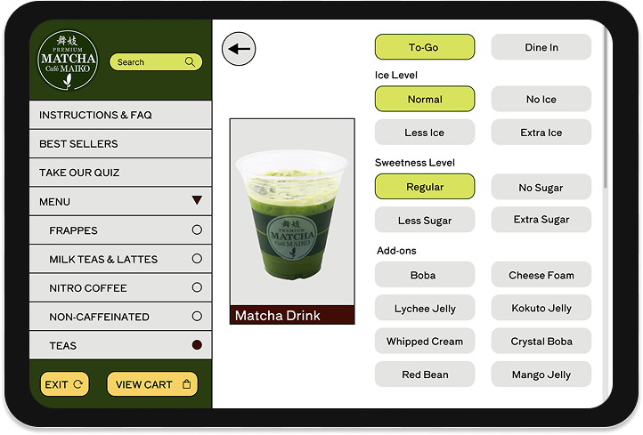 Matcha Maiko Self-Kiosk item customization screen with options for selecting temperature, sweetness levels, and toppings.