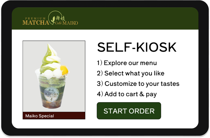 Matcha Maiko Self-Kiosk start screen with an image of a Maiko Special Parfait.