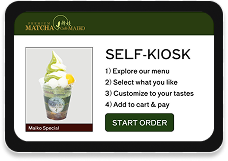 Matcha Maiko Self-Kiosk start screen with an image of a Maiko Special Parfait.